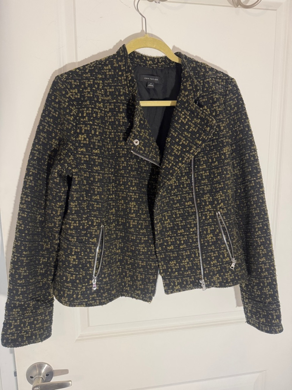 Ann Taylor Black and Olive Tweed Moto-Style Blazer